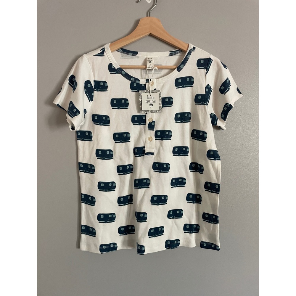 Kate Quinn Henley Tee Womens S Cream Teal Camper Print Organic Cotton Gorpcore